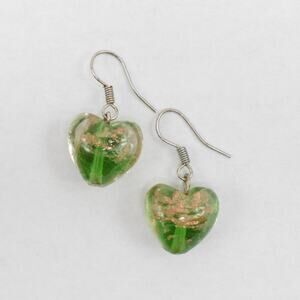 Handmade glass blown heart dangly earrings green/copper fairy boho valentine